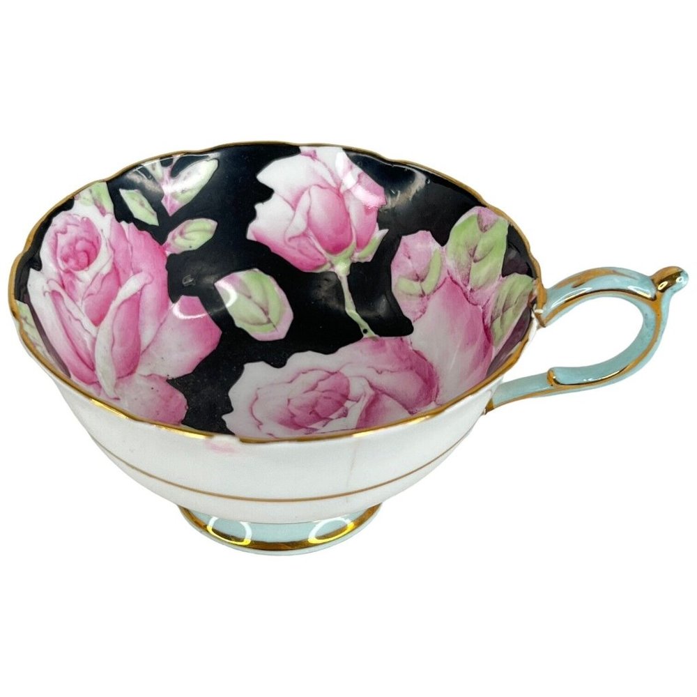 Paragon Tea Cup Pink Cabbage Rose Black Blue Double Warrant Display Only FLAWS